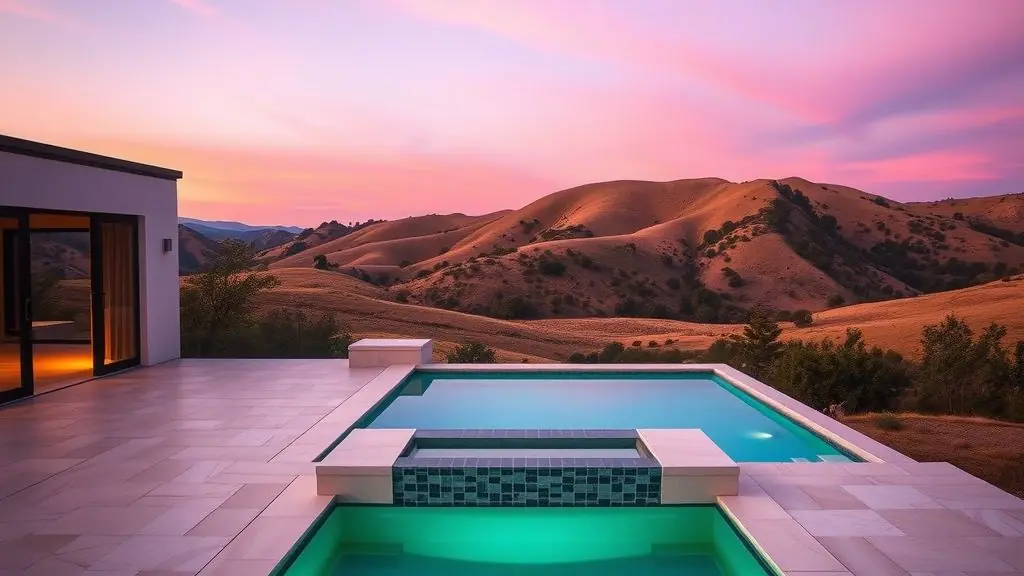 A modern rectangular pool and lit spa set into a travertine deck beside a glass-walled home at dusk, with golden oak-dotted hills beyond